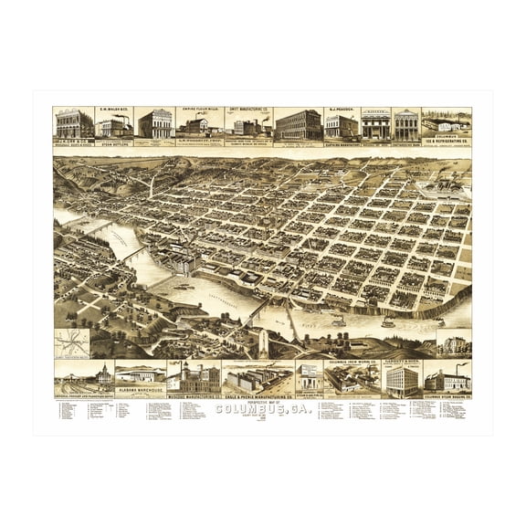 Columbus Art, 1886 Vintage Map of Columbus Georgia, GA History Wall Decor Gift, Old Columbus Map - 36" x 24" Unframed Print