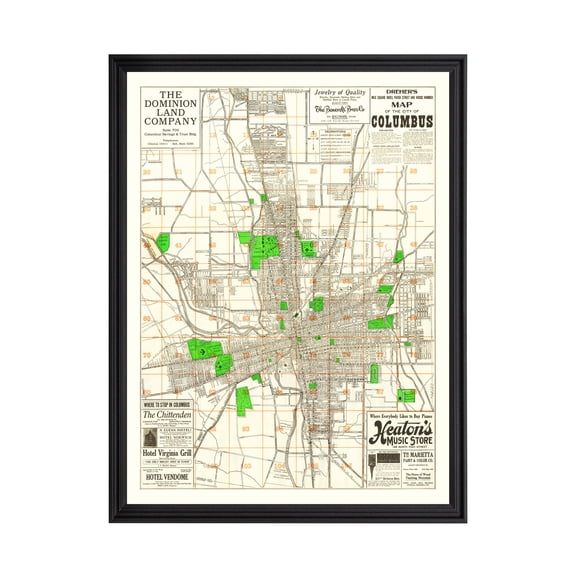 Columbus Art, 1916 Vintage Map of Columbus Ohio, OH History Wall Decor Gift, Old Columbus Map - 18" x 24" Black Framed Print