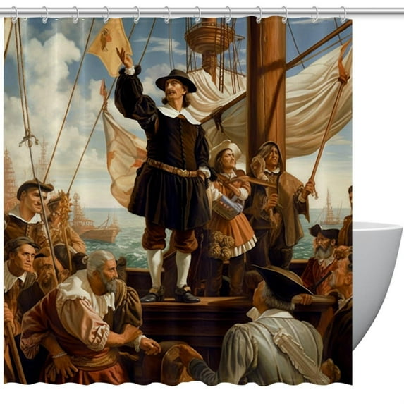 Columbus Day Waterproof Shower Curtain Set with Hooks - Printed Bathroom Decoration - 3 Piece Curtain Set