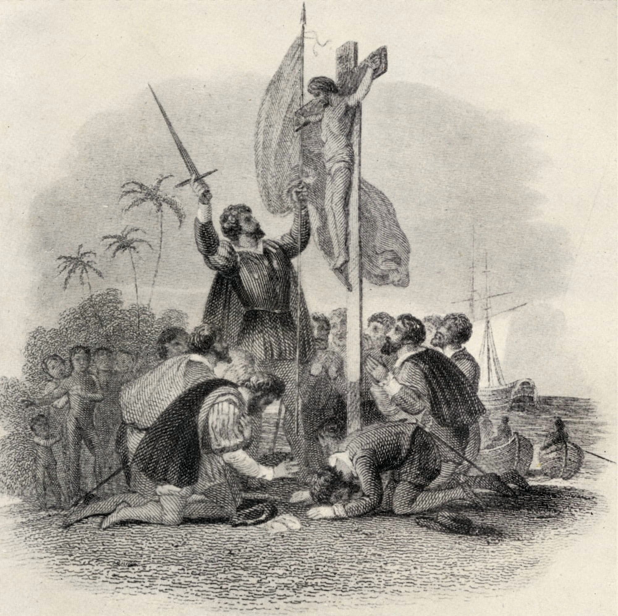 Columbus Landing In The New World Christopher Columbus 1451-1506 Spanish Explorer And Discoverer Of America From An Old Engraving Canvas Art - Ken Welsh Design Pics (15 x 15)