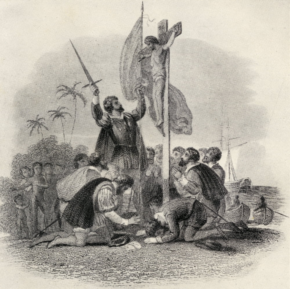 Columbus Landing In The New World Christopher Columbus 1451-1506 Spanish Explorer And Discoverer Of America From An Old Engraving Canvas Art - Ken Welsh Design Pics (24 x 24)