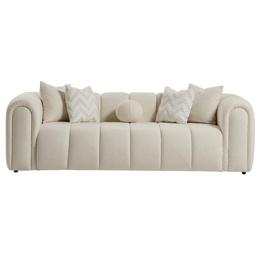 Columbus Mid Century Modern Living Room Puffy Fabric Sofa in Ivory Boucle