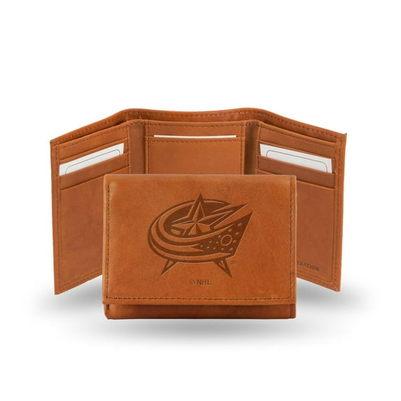 Columbus Hockey Blue-Jacket's Team Logo Embossed Brown Leather Trifold Wallet