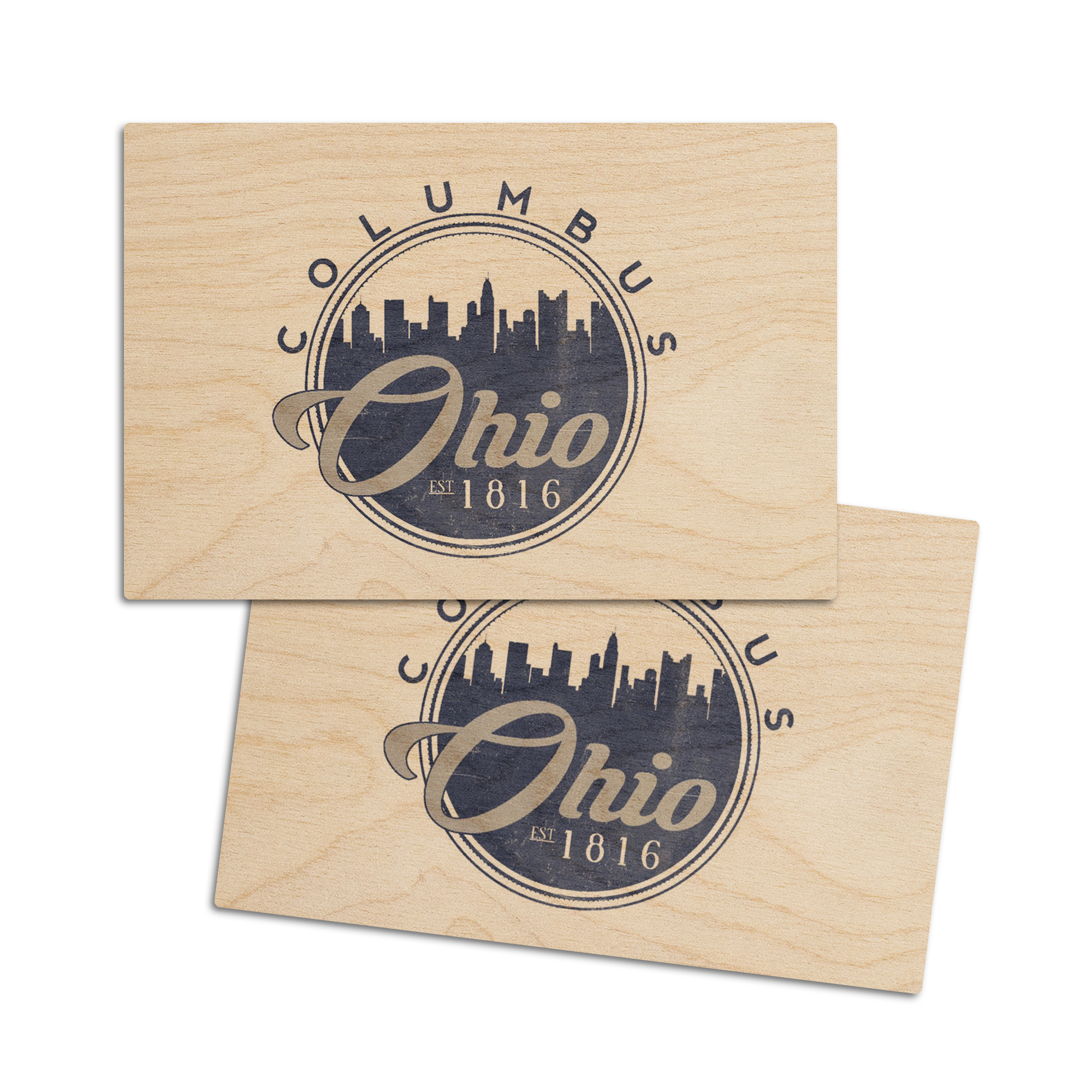 Columbus, Ohio, Skyline Seal (Blue) (4x6 Birch Wood Postcards, 2Pack Stationary, Rustic Home