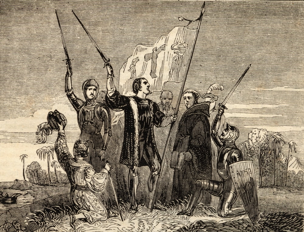 Columbus Taking Possession Christopher Columbus 1451-1506 Spanish Explorer And Discoverer Of America Canvas Art - Ken Welsh Design Pics (34 x 26)