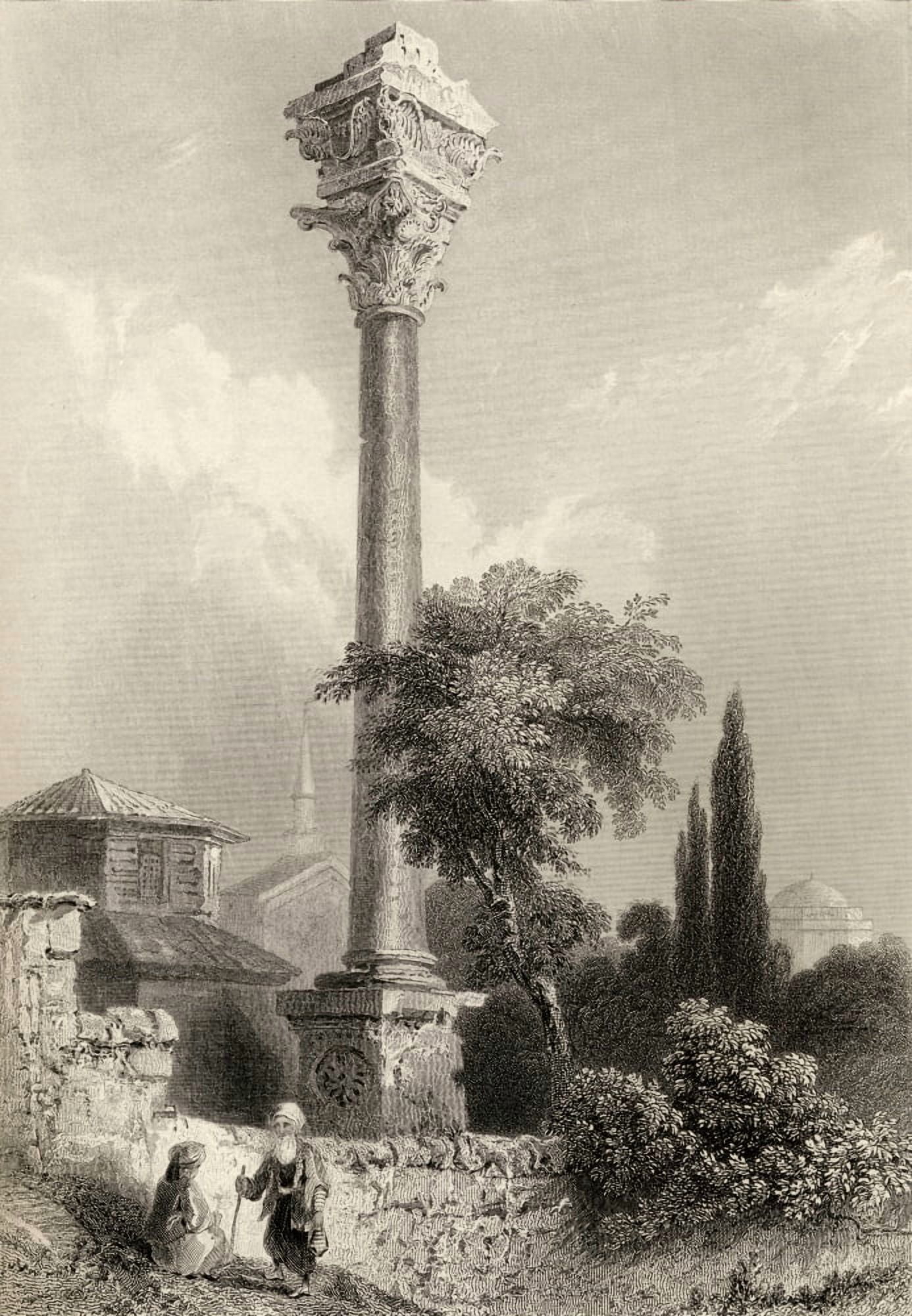 Column Of Marcian (Time Of The Lower Empire) Istanbul Turkey Engraved By H Adlard After WH Bartlett Canvas Art - Ken Welsh Design Pics (12 x 17)