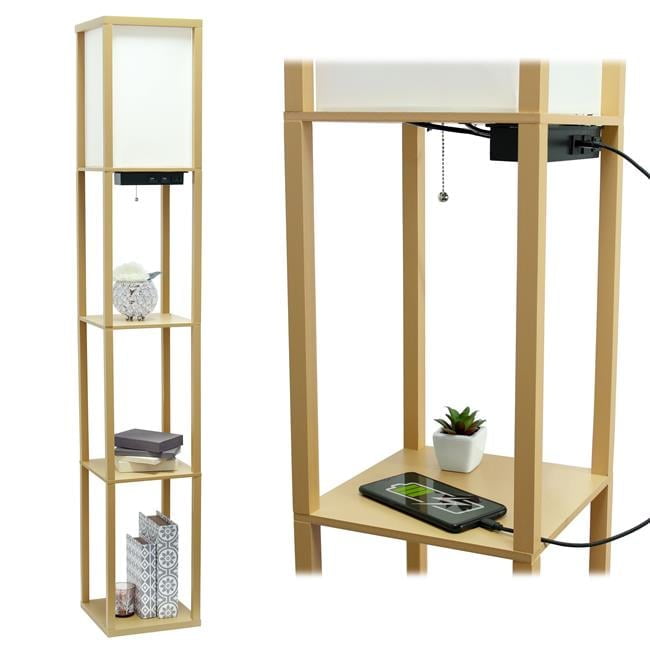Tan Multifunctional Floor Lamp with Linen Shade and Storage Shelves