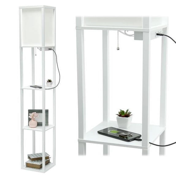 Column Shelf Floor Lamp with Linen Shade, White