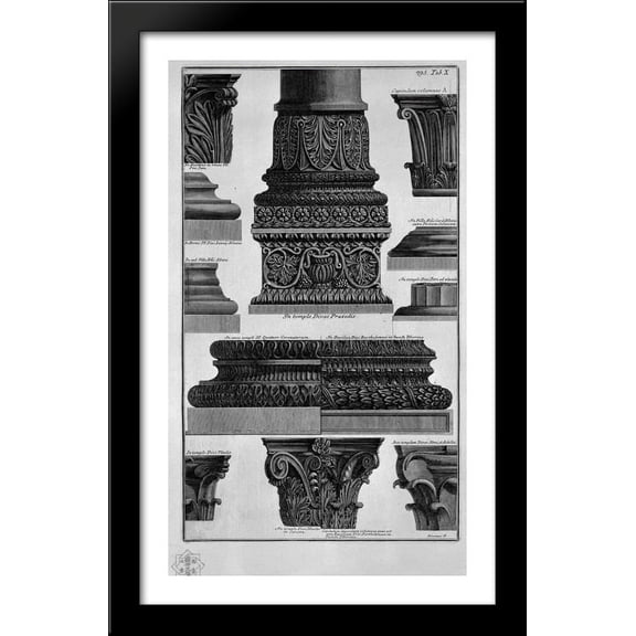 Column bases and capitals (S Prassede, St. Peter in Chains, Villa Albani, etc.) 24x40 Large Black Wood Framed Print Art by Giovanni Battista Piranesi