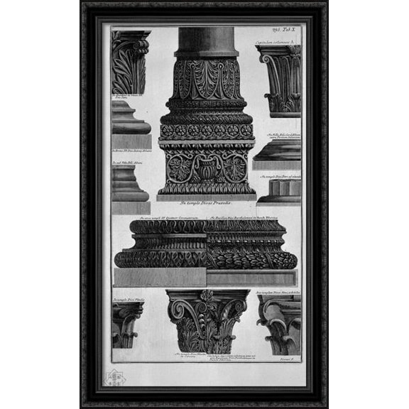 Column bases and capitals (S Prassede, St. Peter in Chains, Villa Albani, etc.) 24x40 Large Black Ornate Wood Framed Canvas Art by Giovanni Battista Piranesi