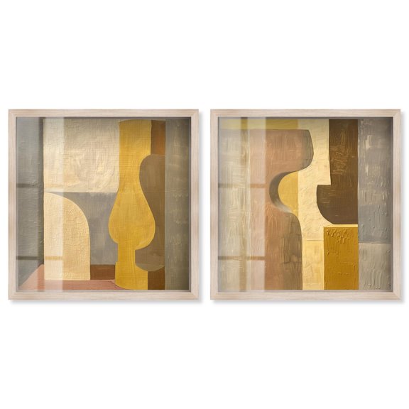 Columnar Forms Set Shadowbox Print Beige Wall Decor Set by Art Remedy, Blonde Frame, 12 x 12