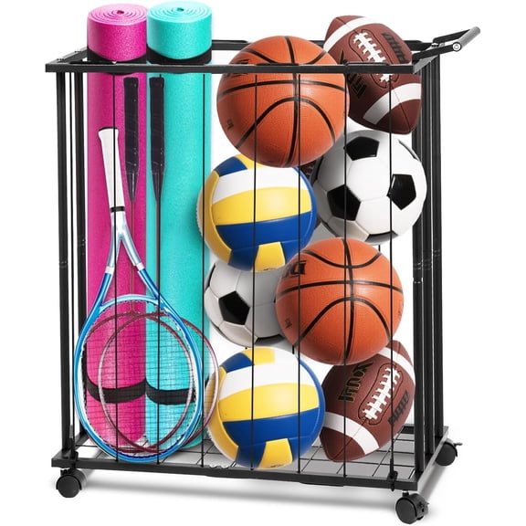 Columnar Vertical Ball Storage Racks with Wheels-New Durable Rolling Basketball Holder Wall Mount for Soccer, Volleyball, Space-Saving Garage Sports Ball Rack Organizer for Home,Gym & Outdoors