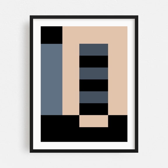 Columns Abstract Black Blue Cream B - Digital Art Geometric Abstract Minimalist Mid-Century Modern Modern Art Bauhaus Pattern Black Framed Wall Art Print 18 x 24 inches
