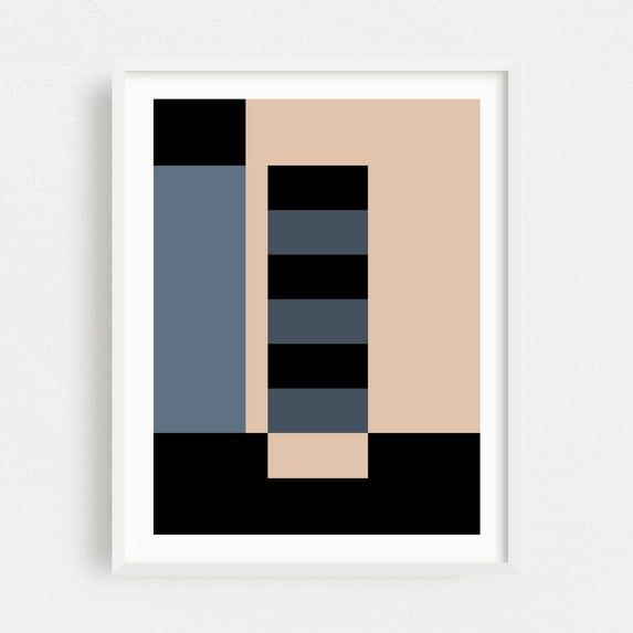 Columns Abstract Black Blue Cream A - Digital Art Geometric Abstract Minimalist Modern Art Mid-Century Modern Pattern Art Deco White Framed Wall Art Print 6 x 8 inches