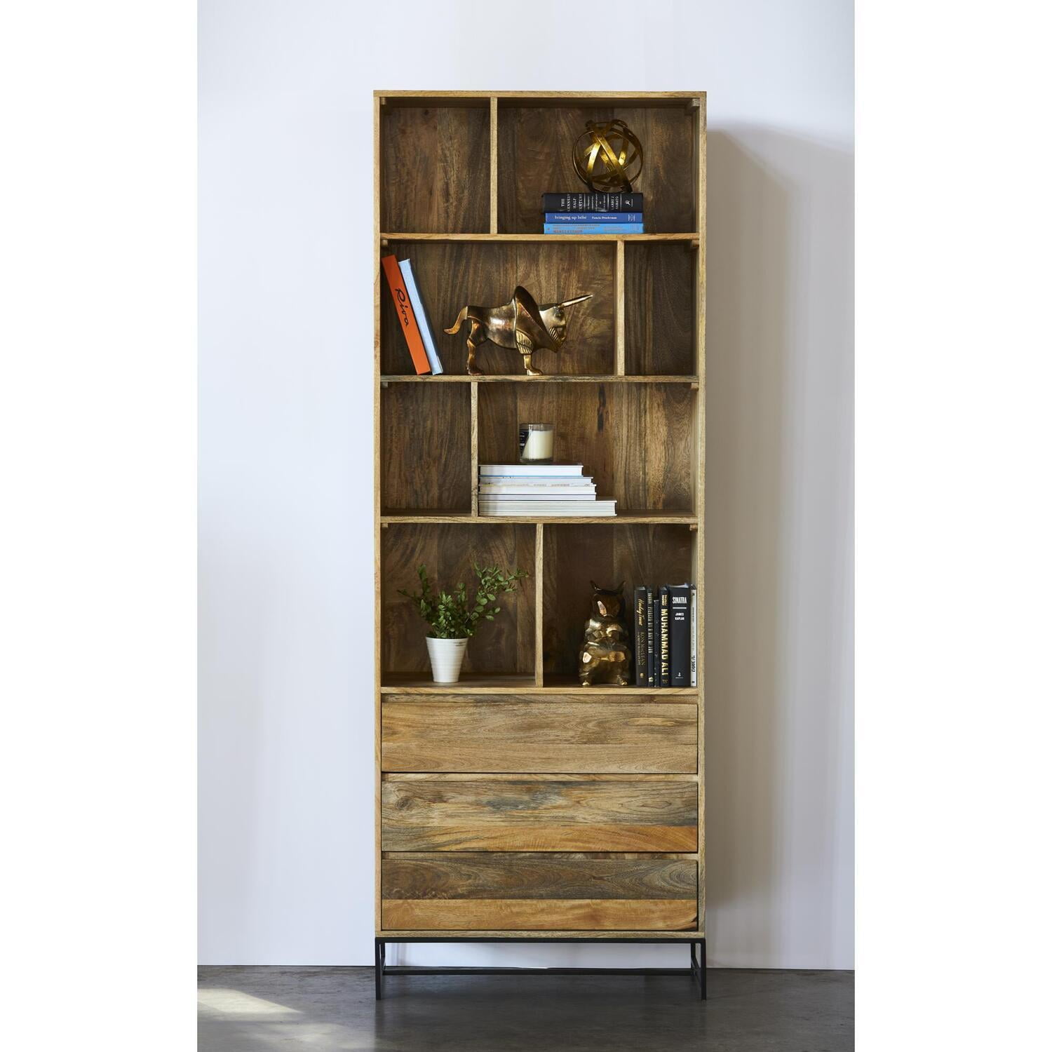 Industrial-Scandinavian Brown Mango Wood Shelf with Asymmetrical Cubes