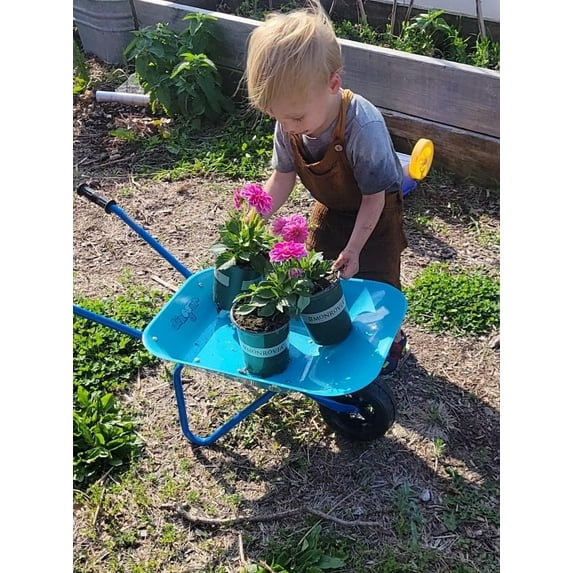 Colwelt Kids Wheelbarrow Set Metal 5 PCS, Blue Small Child wheelbarrow, Gardening Tools for Kids, Outdoor Indoor Garden Backyard Toy Gift for Children 3+Years Old