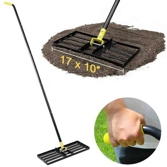Colwelt Lawn Leveling Rake17'' x10'', Leveling Rake for Soil with 77’’ Adjustable Curved End Grip Handle, Lawn Leveling Tool Yard Leveler for Leveling Soil