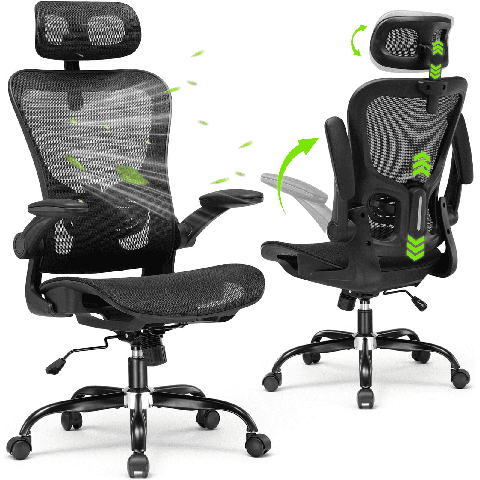 LUCKLIFE Ergonomic Mesh Office Chair, High Back Task Chair with Flip-up Arms, Adjustable Headrest & Lumbar Support for Home Office, Black