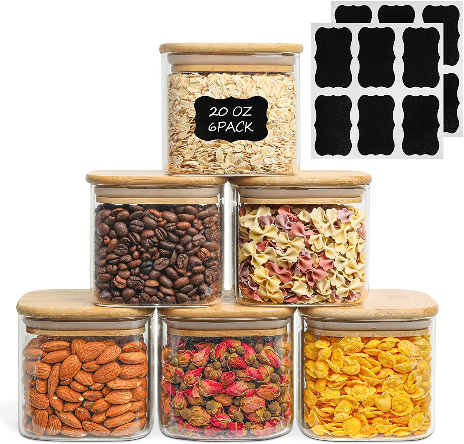  KIM&NUT 12 PCs Set Glass Jars with Bamboo Lids, 17 oz 500ml  Clear Glass Food Storage Containers with labels, Wide Mouth Glass Kitchen  Canister with Airtight Bamboo Lids: Home & Kitchen