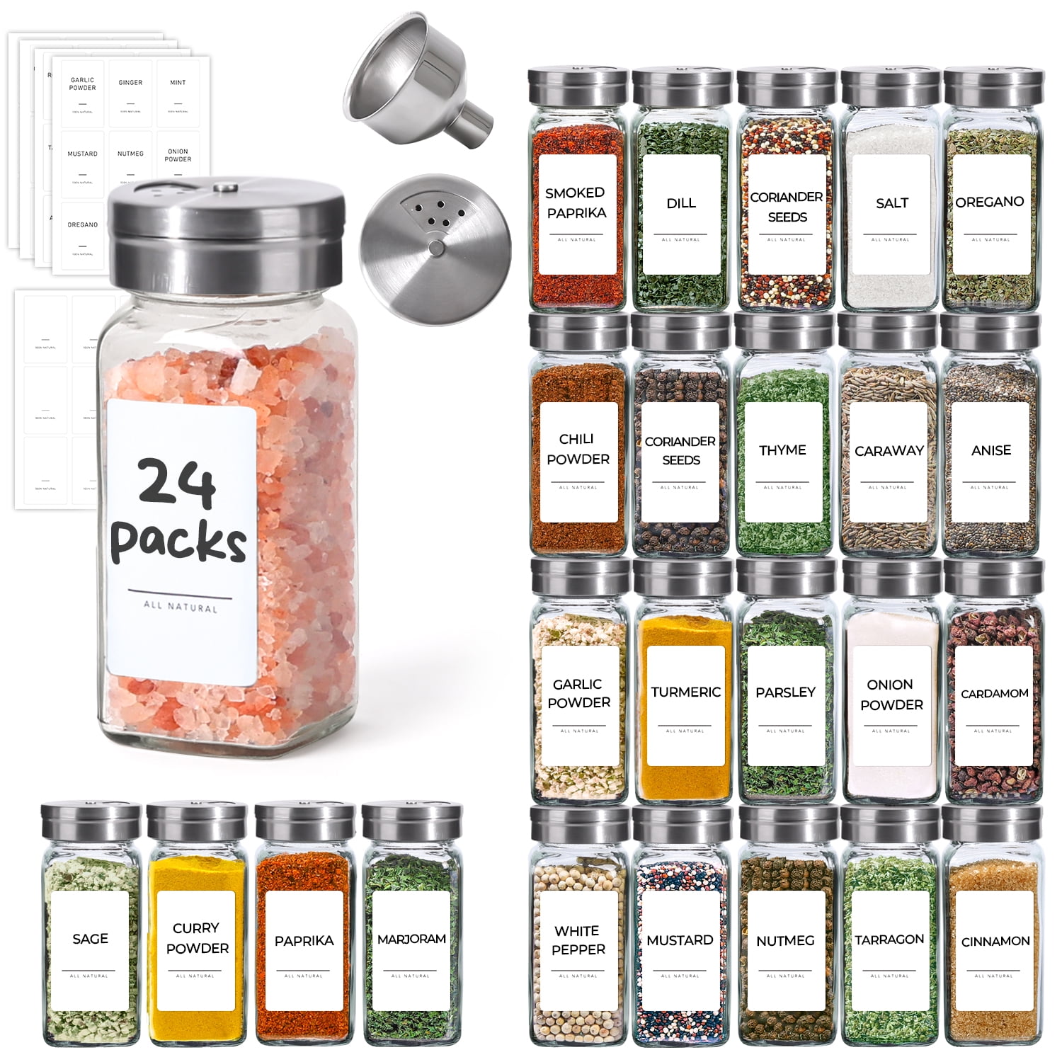 ComSaf 24-Pack 4oz Spice Jars Bulk, Empty Glass Containers with Shaker Lids & Funnel, 45 Preprinted Labels for Seasoning, Salt and Pepper Shakers
