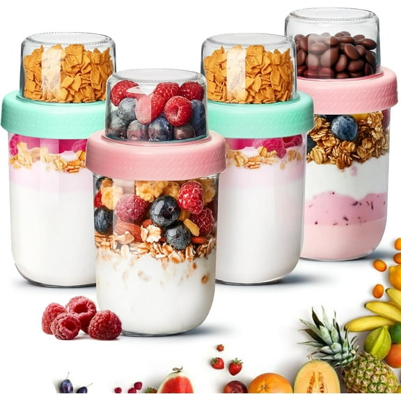 4-Pack 16 oz Overnight Oats Containers with Lids, Dual-Laryer Chia Pudding Jars with Dry and Wet Separation, Yogurt Parfait Cups for Oatmeal Cereal Nut Fruit, Meal Prep Glass Jars for Salad
