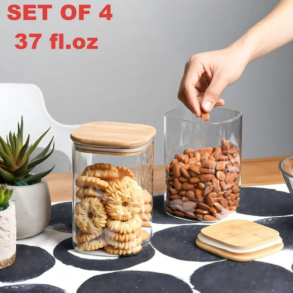 ComSaf 37oz Airtight Glass Storage Canisters with Bamboo Lid, Clear Food Storage Container Jars, Set of 4