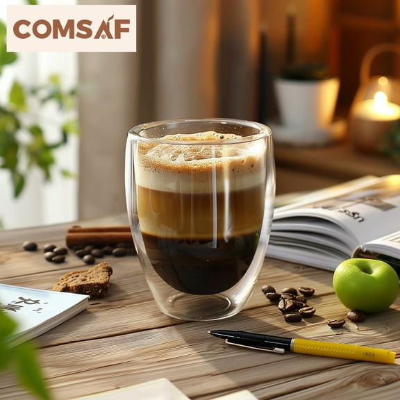 ComSaf Glass Coffee Mugs 12oz, Set of 4 Double Wall Cups Drinking Glasses Heat Insulation