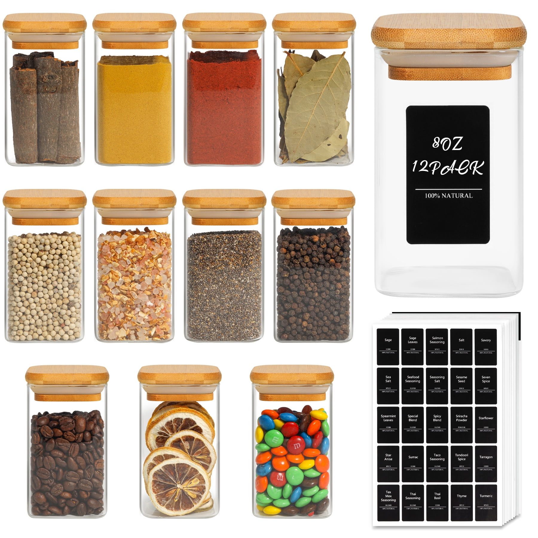 12Pcs Glass Spice Jar with Bamboo Airtight Lids and Labels, Clear 4oz Empty  Storage Bottles for