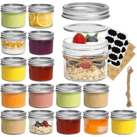 ComSaf Mini Mason Jars 4oz - 16 Pack, Regular Mouth Mason Jar with Lids and Seal Bands, Small Glass Canning Jar for Spice, Jam, Honey, Jelly, Dessert, Shower Wedding Favors, DIY Candles Decor