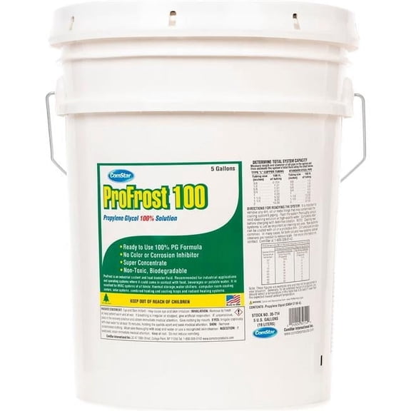 ComStar ProFrost 100, 5 Gallon Propylene Glycol Heat Transfer Fluid Anti-Freeze, Does Not Contain Any Color Or Inhibitor, Prediluted to 100%, Ready to Use, 100% Propylene Glycol, Made in USA (35-714)
