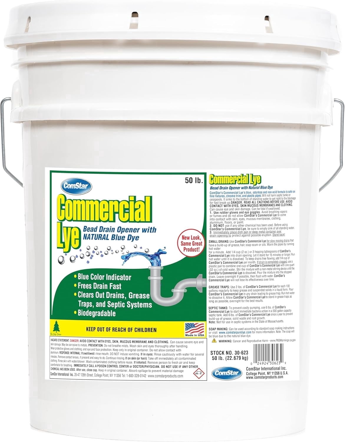 ComStar Commercial Lye | 50 lb, Sodium Hydroxide Beads with Natural Blue Dye | Eco-Friendly, Industrial Strength, Drain Opener | Static-Free, Unique Beads for Soap Making | (30-623)