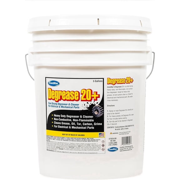 ComStar Degrease 20+, 5 Gallons, Heavy Duty Fast-Drying Degreaser, Removes Grease Oil Tar Carbon and Grime, Safe for Electrical and Mechanical Parts, Industrial Strength Cleaner (90-306)