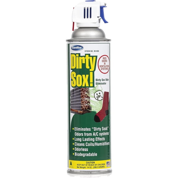 ComStar Dirty Sox Odor Eliminator Aerosol with Trigger Spray, A/C System Odor Neutralizer & Cleaner, Cleans Coils & Humidifier Filters, Safe on Metal, Made in USA, 14 Oz (90-655)