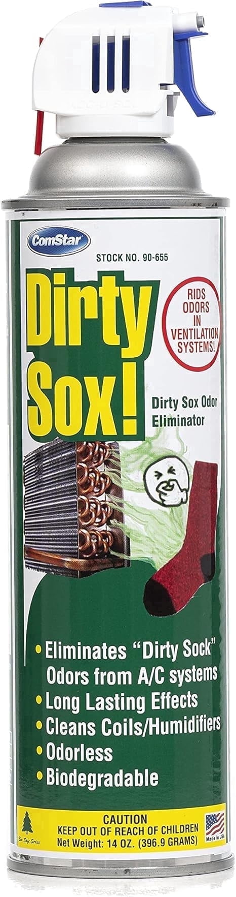 ComStar Dirty Sox Odor Eliminator Aerosol with Trigger Spray, A/C System Odor Neutralizer & Cleaner, Cleans Coils & Humidifier Filters, Safe on Metal, Made in USA, 14 Oz (90-655)