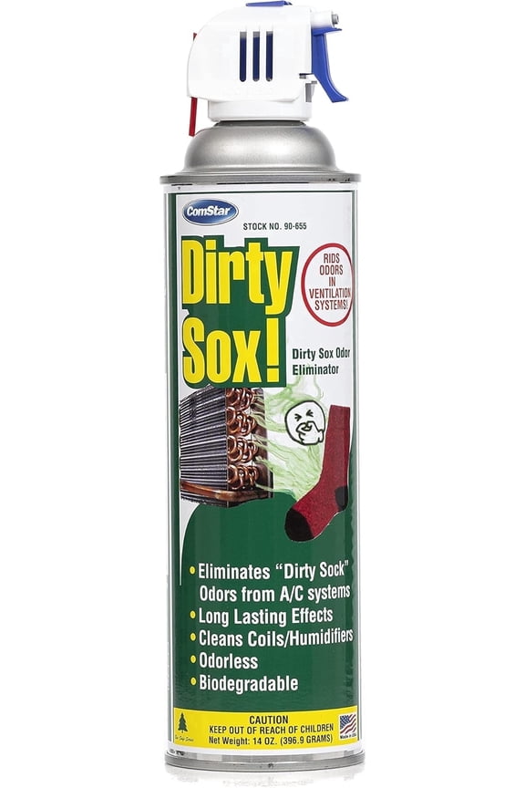 Dirty Sox Odor Eliminator Aerosol with Trigger Spray, A/C System Odor Neutralizer & Cleaner, Cleans Coils & Humidifier Filters, Safe on Metal, Made in USA, 14 Oz (90-655)