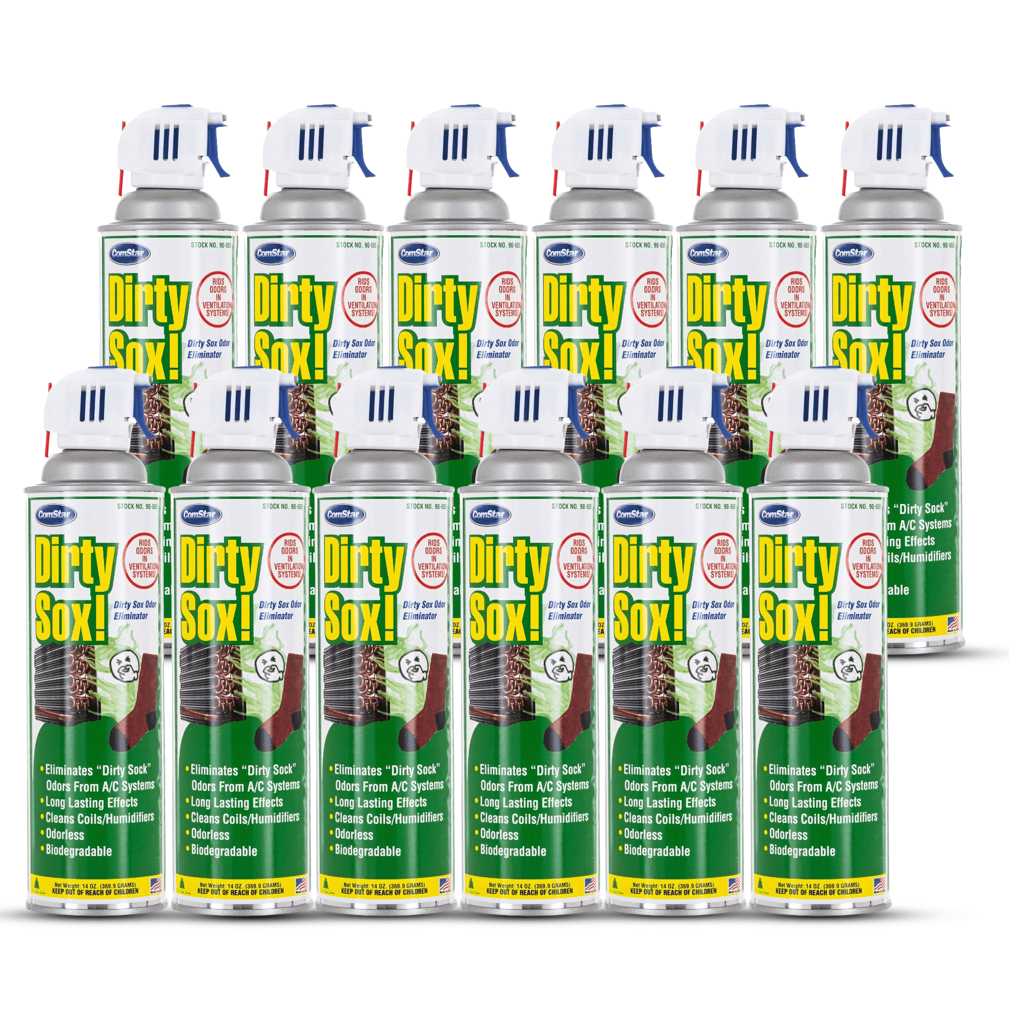 ComStar Dirty Sox Odor Eliminator Aerosol with Trigger Spray, 14 Oz, A/C System Odor Neutralizer & Cleaner, Cleans Coils & Humidifier Filters, Safe on Metal, Made in USA, (Pack of 12)