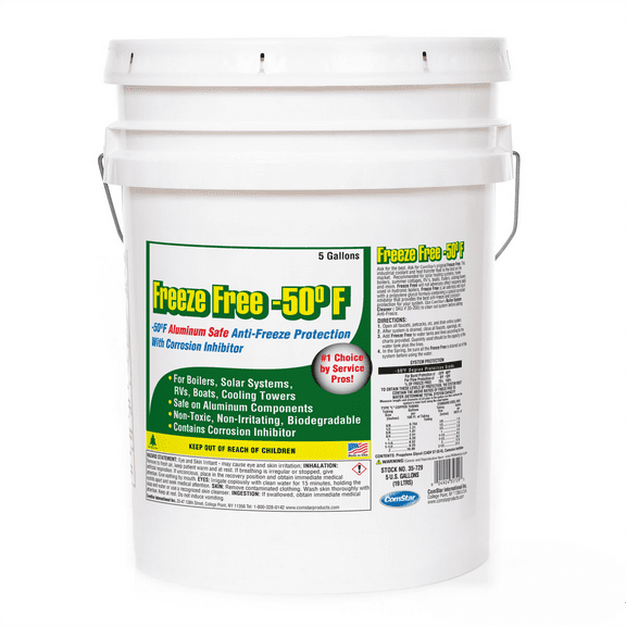 ComStar Freeze Free -50ºF, Aluminum Safe Boiler Anti-Freeze, Propylene Glycol Formula with Freeze Protection to -50º F Burst, Compatible with Aluminum Components, Made in USA, 5 Gallon (35-729)