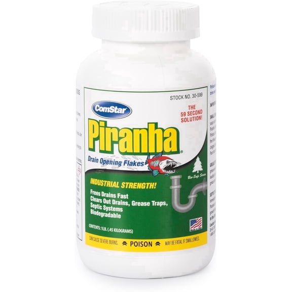 ComStar Piranha - Crystal Flakes,1 Pounds, Non-Acid Drain Cleaner That Dissolves Grease, Hair & Root Growth in Sewer Lines Instantly, Made in USA (30-599)