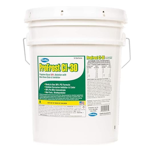 ComStar ProFrost CI-30, Propylene Glycol Heat Transfer Fluid Anti-Freeze With Neon Green Color & Inhibitor, Prediluted To 30%, Ready To Use, 30% Propylene Glycol, Made In USA, 5 Gal(35-770)