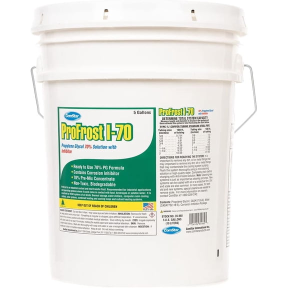 ComStar ProFrost I-70, Propylene Glycol Heat Transfer Fluid Anti-Freeze With Inhibitor, Prediluted To 70%, Ready To Use Formula, 70% Propylene Glycol, Made In USA, 5 Gallon (35-860)