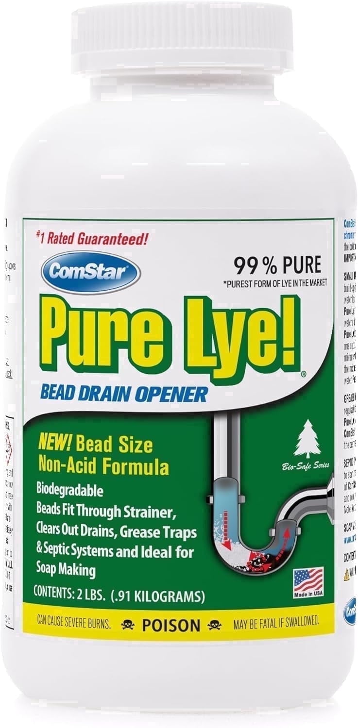 ComStar Pure Lye 2 lb - Unique Sodium Hydroxide Beads | Drain Opener & Soap Making | Biodegradable, Eco-Friendly (30-504)