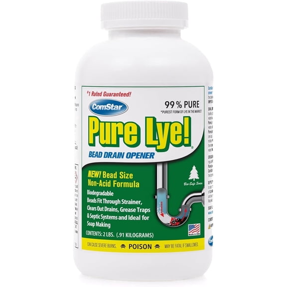 ComStar Pure Lye 2 lb - Unique Sodium Hydroxide Beads | Drain Opener & Soap Making | Biodegradable, Eco-Friendly (30-504)