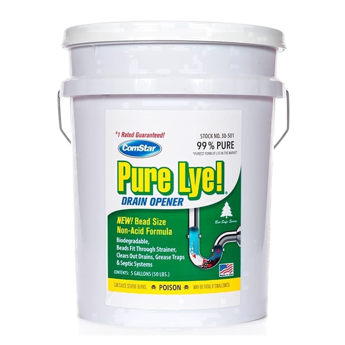 ComStar Pure Lye 50 Pound - Unique Sodium Hydroxide Beads | Drain Opener & Soap Making | Biodegradable, Eco-Friendly (30-501)