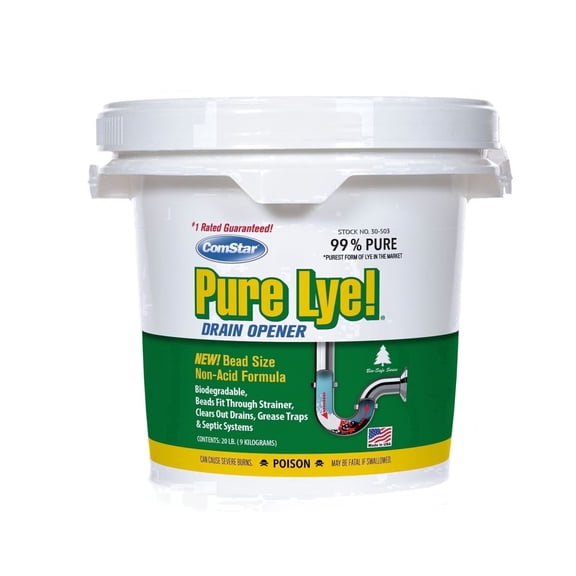ComStar Pure Lye 20 Pound - Unique Sodium Hydroxide Beads | Drain Opener & Soap Making | Biodegradable, Eco-Friendly (30-503)