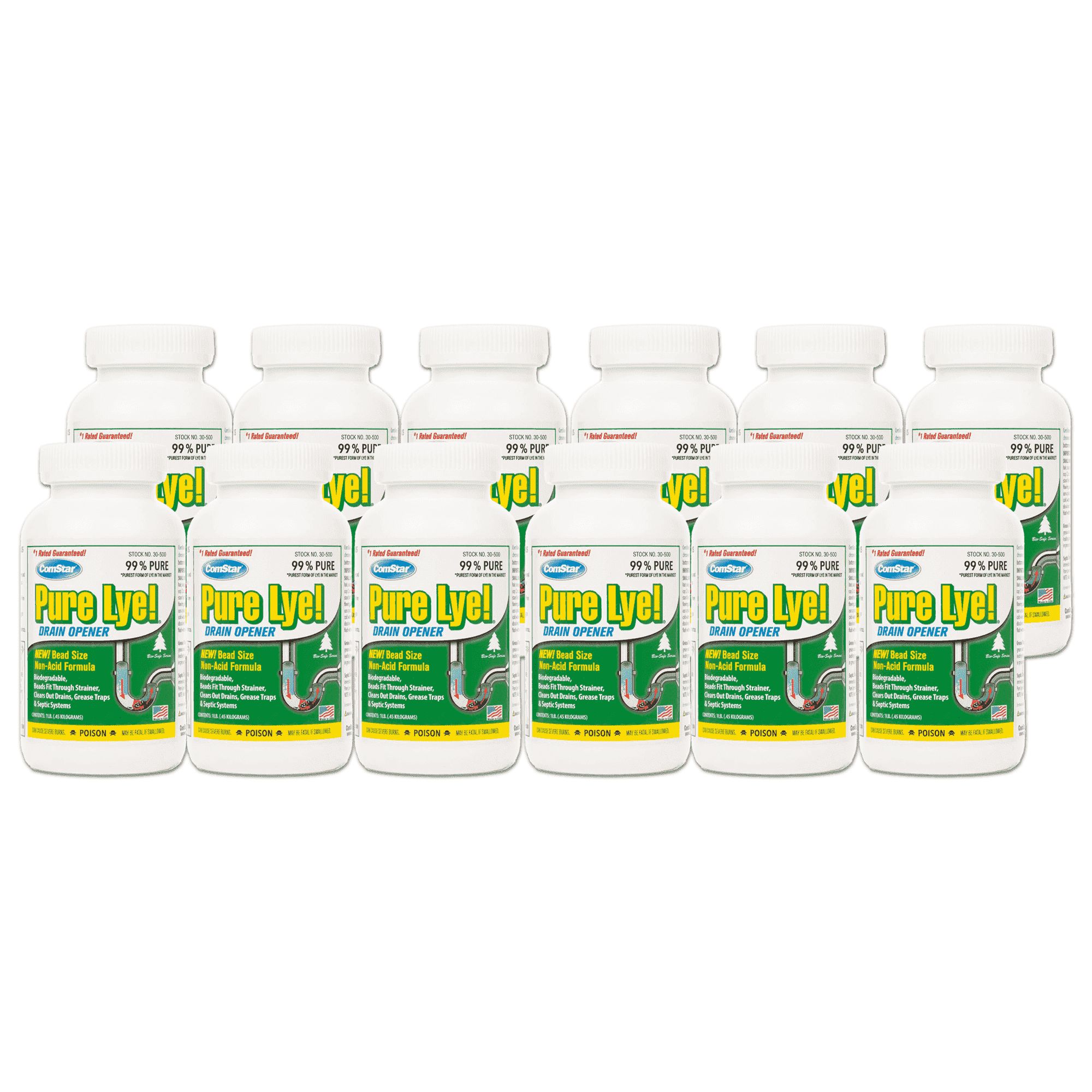 ComStar Pure Lye 1 lb - Unique Sodium Hydroxide Beads | Drain Opener & Soap Making | Biodegradable, Eco-Friendly (Pack of 12)