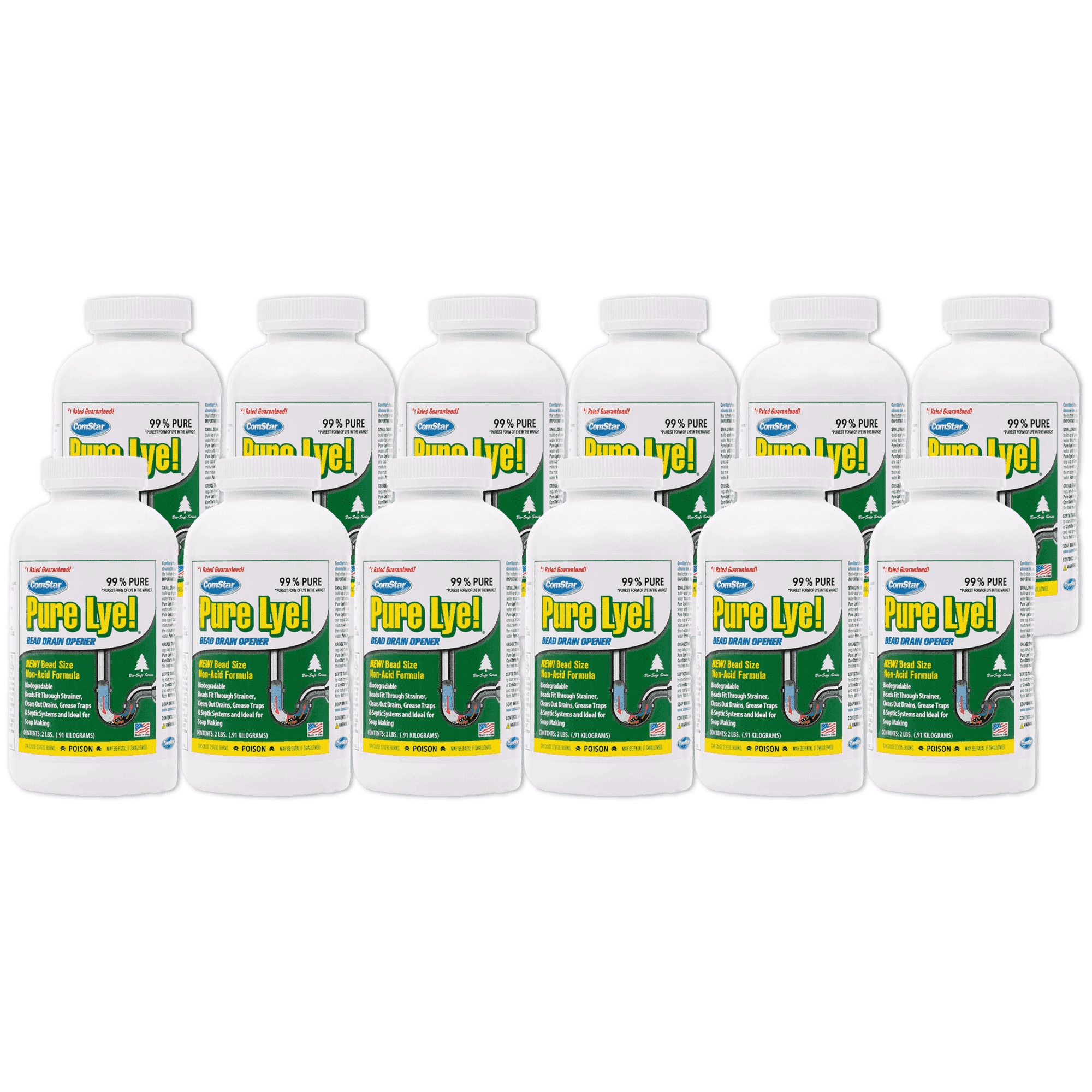 ComStar Pure Lye, 2 lb, Unique Sodium Hydroxide Beads | Drain Opener & Soap Making | Biodegradable, Eco-Friendly (Pack of 12)