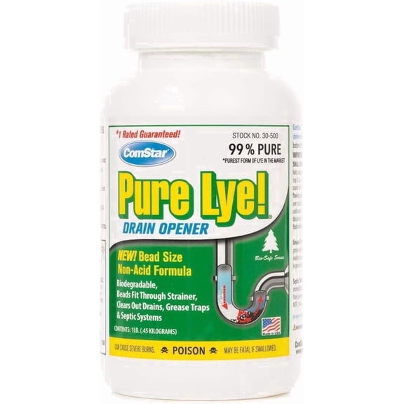 ComStar Pure Lye 1 lb - Unique Sodium Hydroxide Beads | Drain Opener & Soap Making | Biodegradable, Eco-Friendly (30-500)