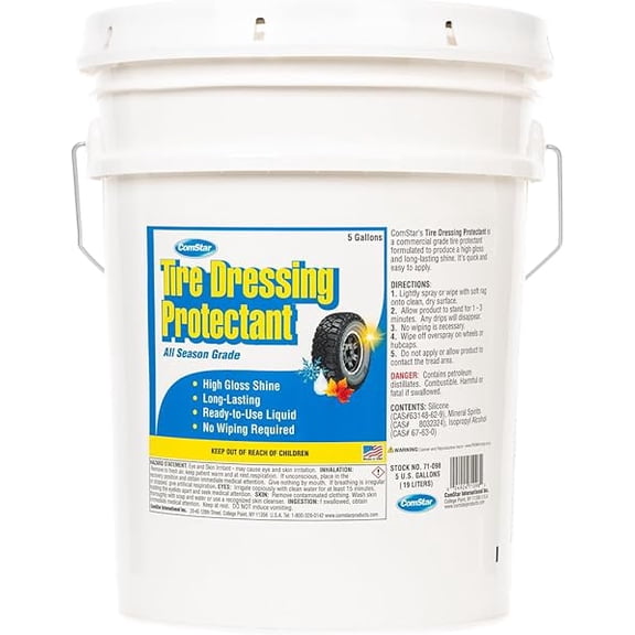 ComStar Tire Dressing Protectant, All Season Grade, Car Tire Care, High Gloss & Long-Lasting Shine, Easy Application, No Wiping Needed, Ready-to-Use, Solvent-Based, 5 Gallon (71-098)