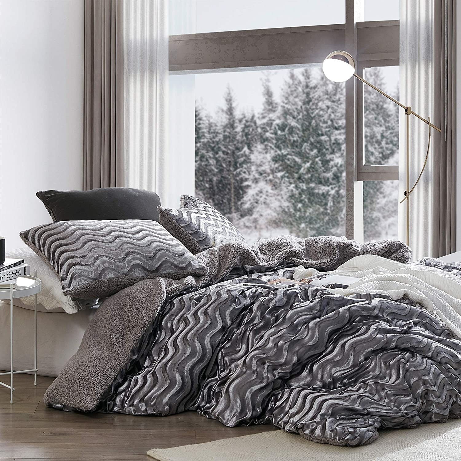 Velvety Gray Twin XL Duvet Cover Set with Teddy Fleece