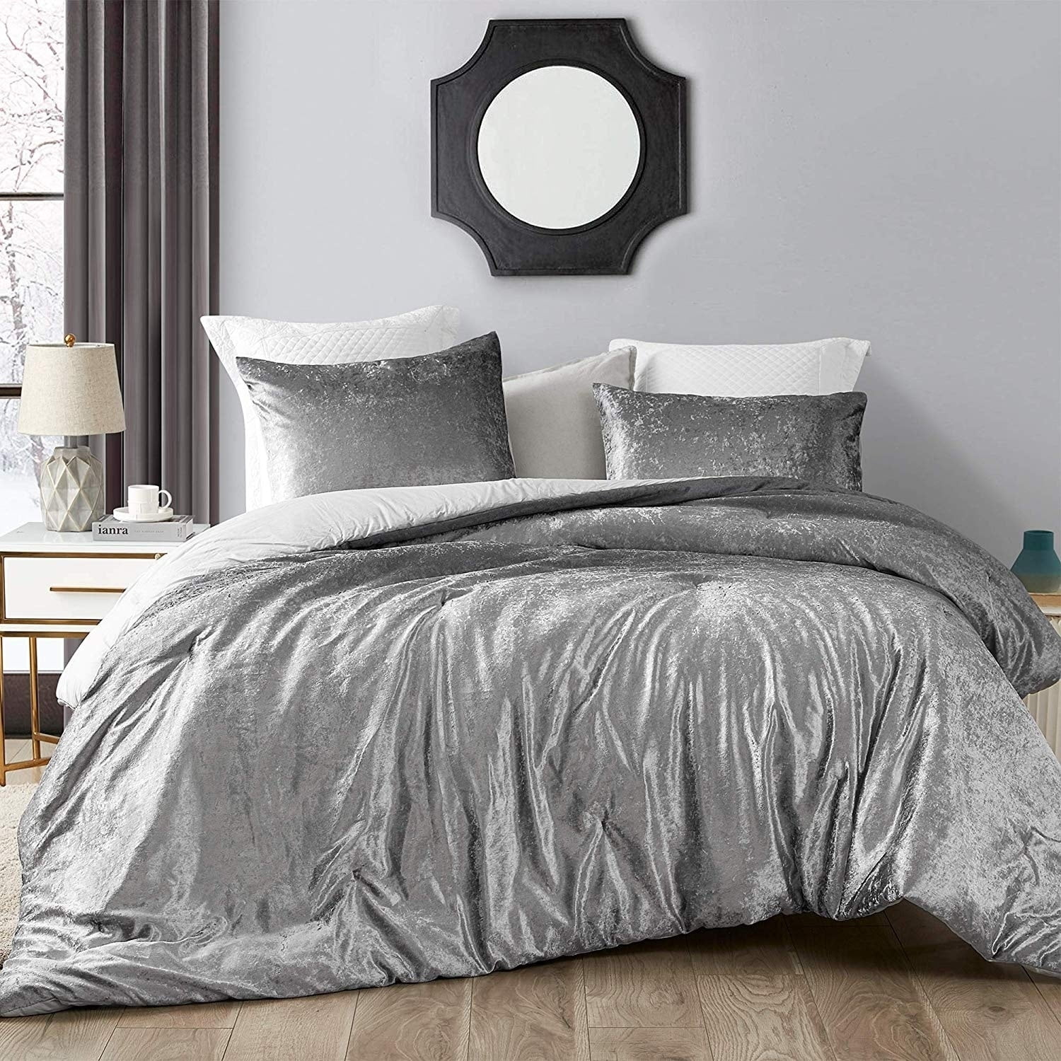 Twin XL Light Gray Velvet Reversible Comforter with Cotton Backing